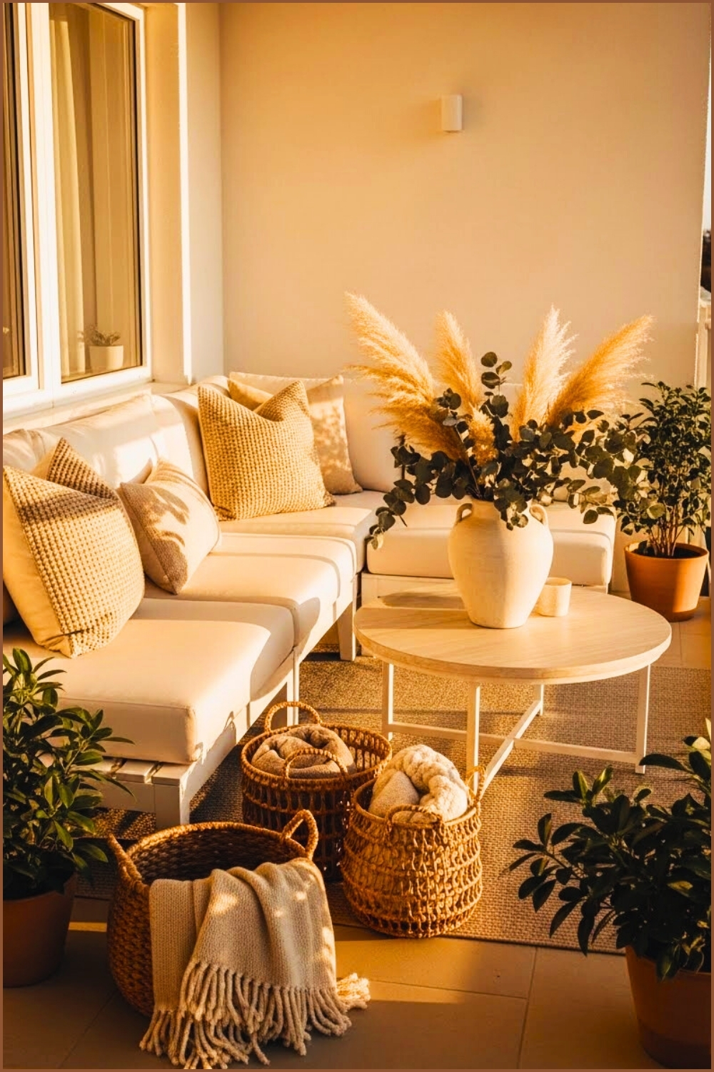Modern Neutral Boho Balcony With White Sectional Sofa