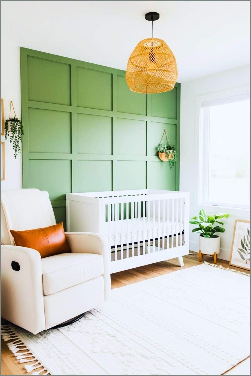 Modern Nursery Interior White Crib Green Paneled Accent Wall