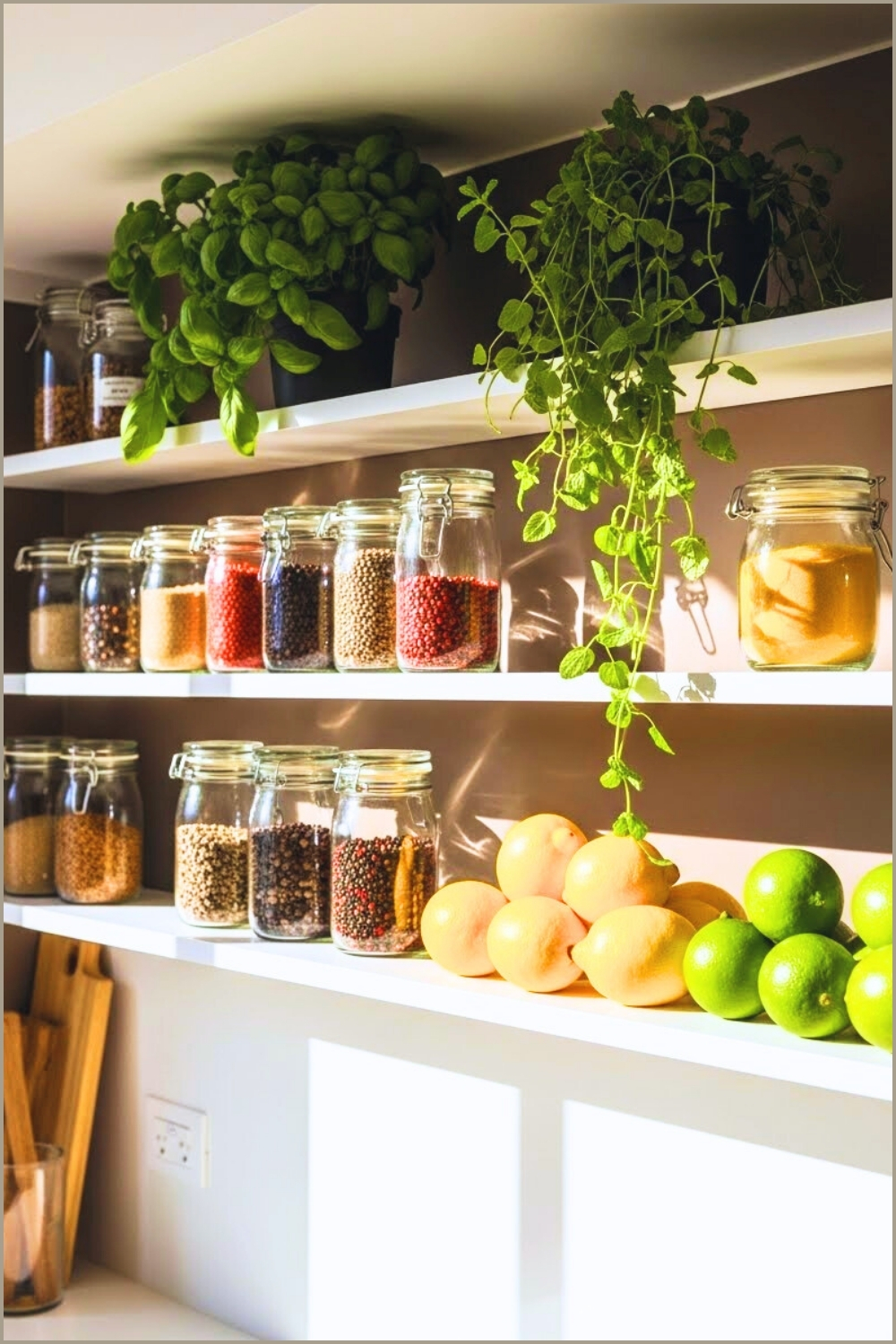 Modern Open Kitchen Shelving With Fresh Green