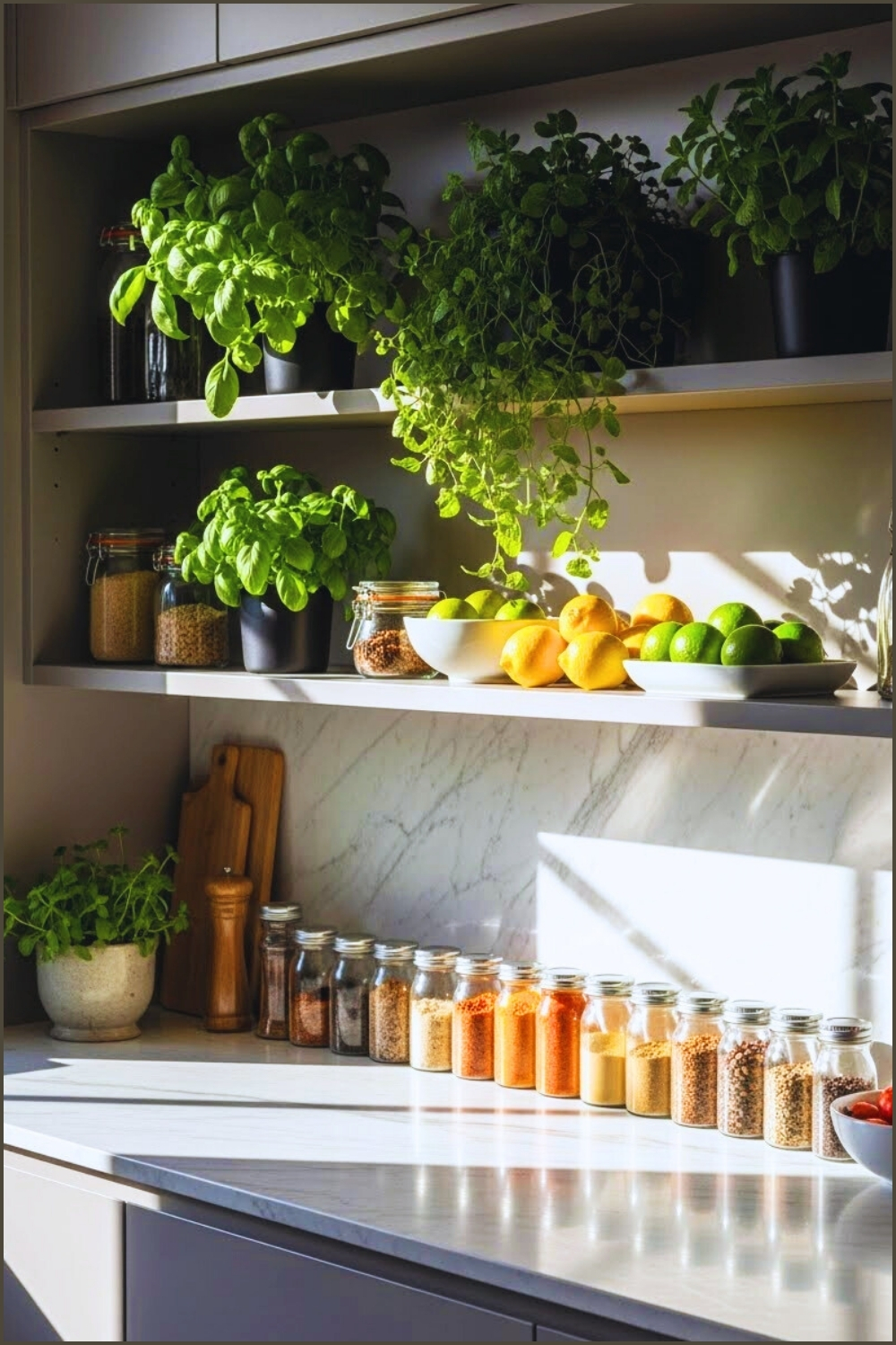 Modern Open Kitchen Shelving With Lush Green Basil And Mint