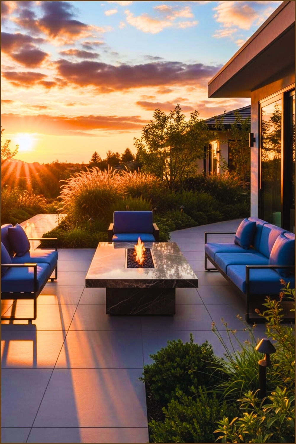 _Modern Patio At Sunset Stone Firepit Table Blue Cushioned