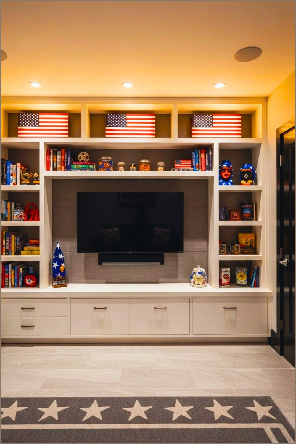 Modern Patriotic Themed Media Room With Built In Shelving