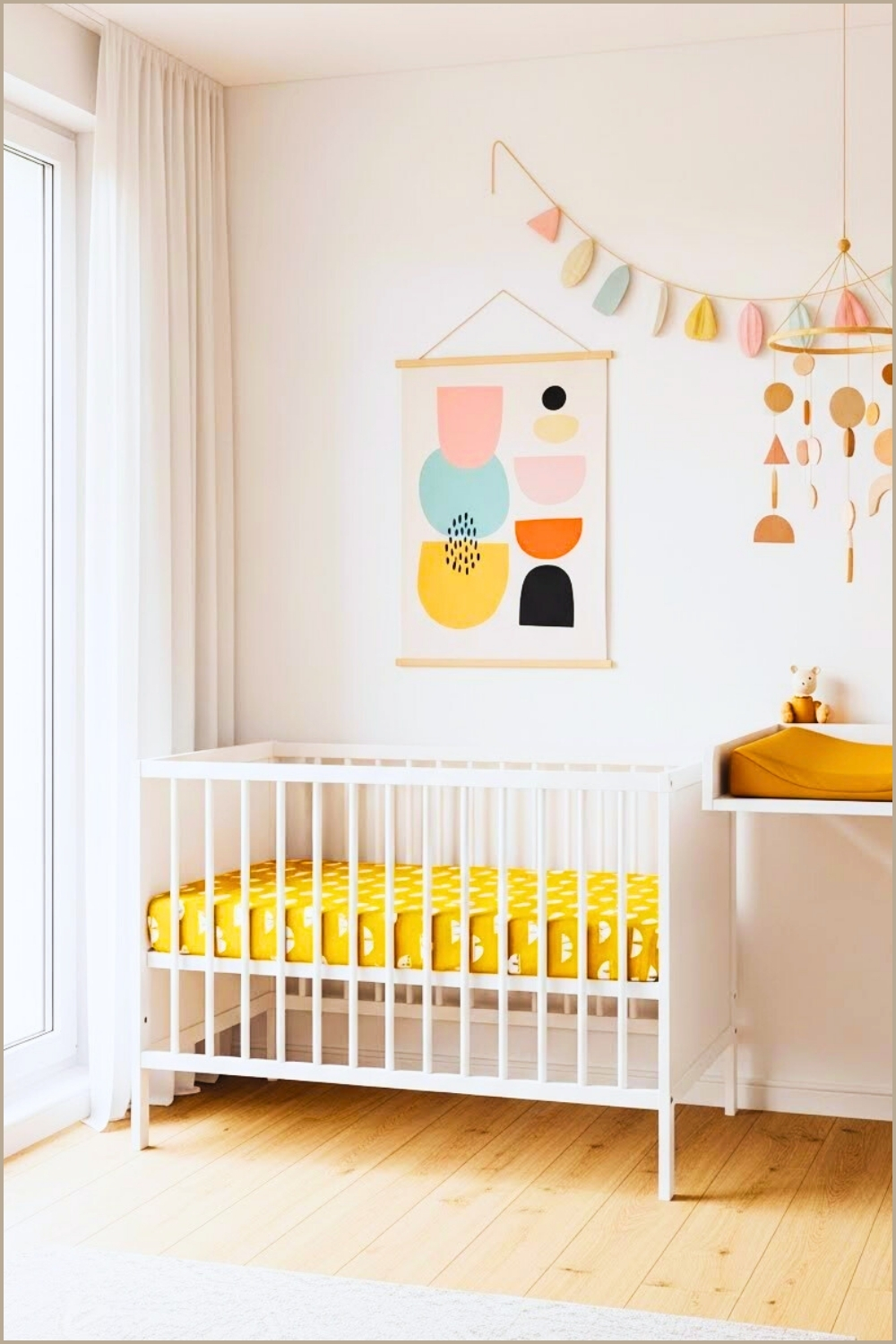 Modern Playful Nursery White Crib Yellow Sheet With Semi Circle Pattern