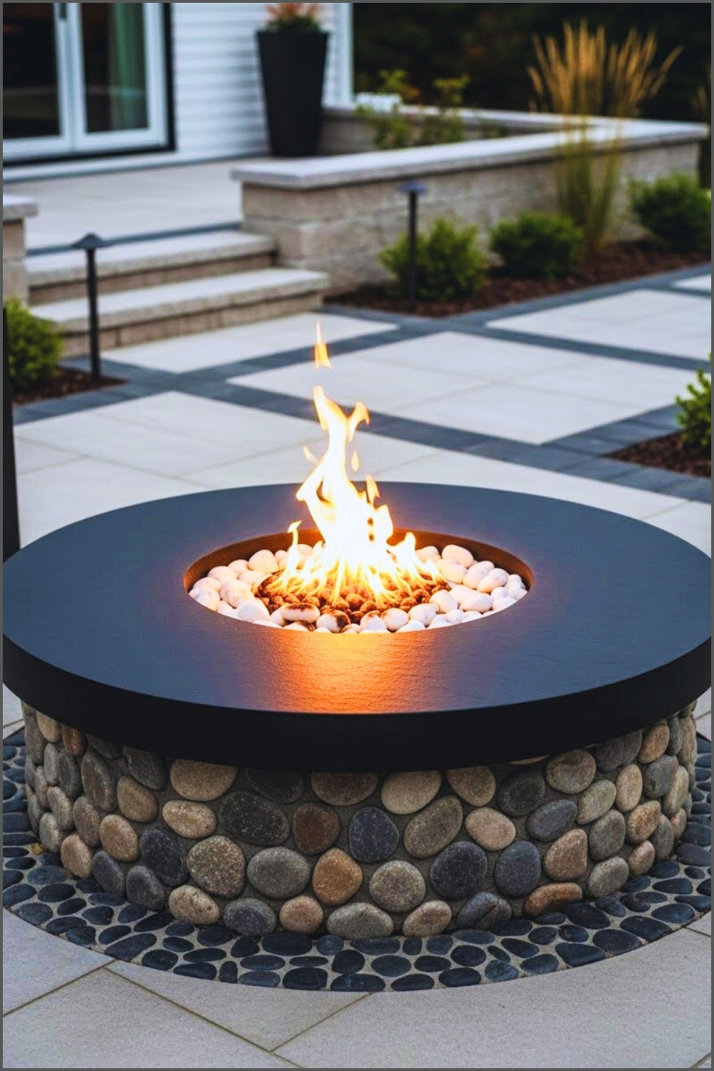 Modern Round Fire Pit With Wide Matte Black Slate Rim