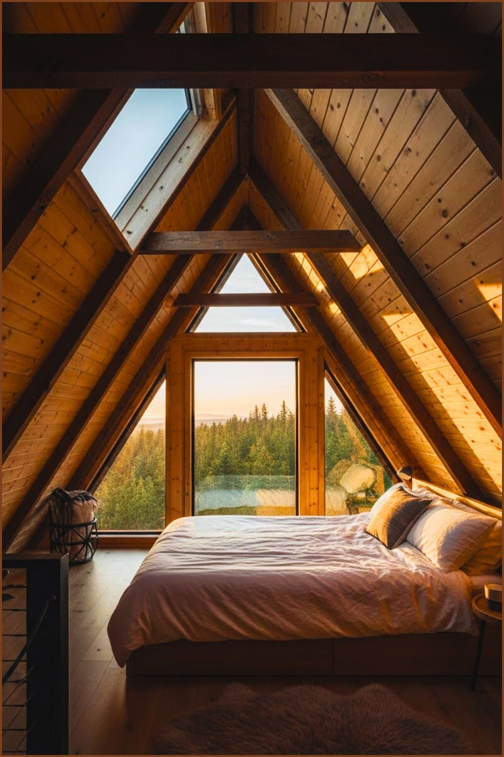 Modern Rustic A-frame Loft Bedroom, Natural Wood Ceiling