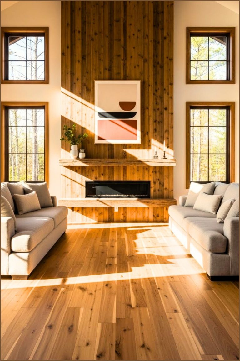 Modern Rustic Cabin Symmetrical Layout Two Neutral Sofas