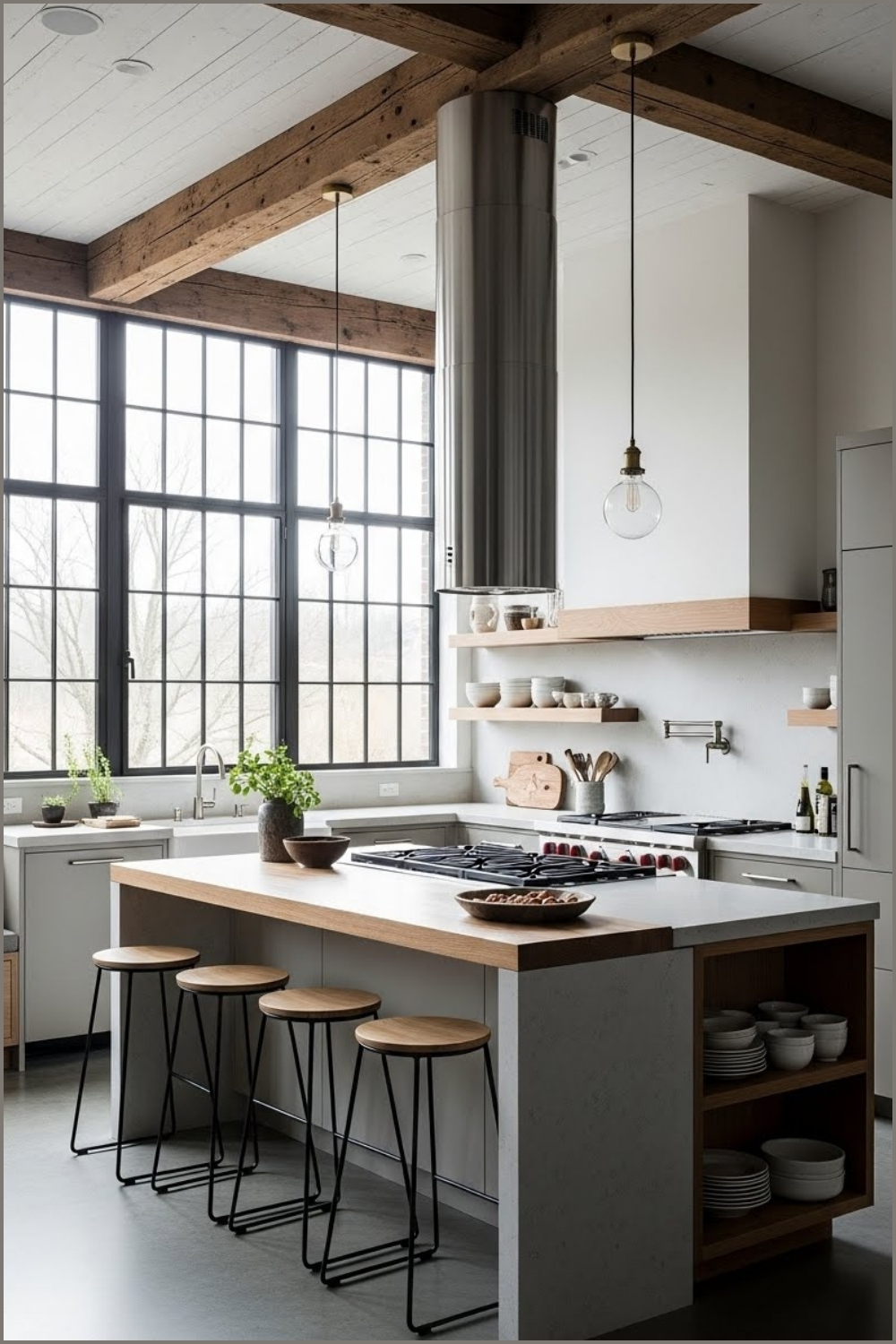 Modern Rustic High Ceiling Kitchen With Exposed Wood