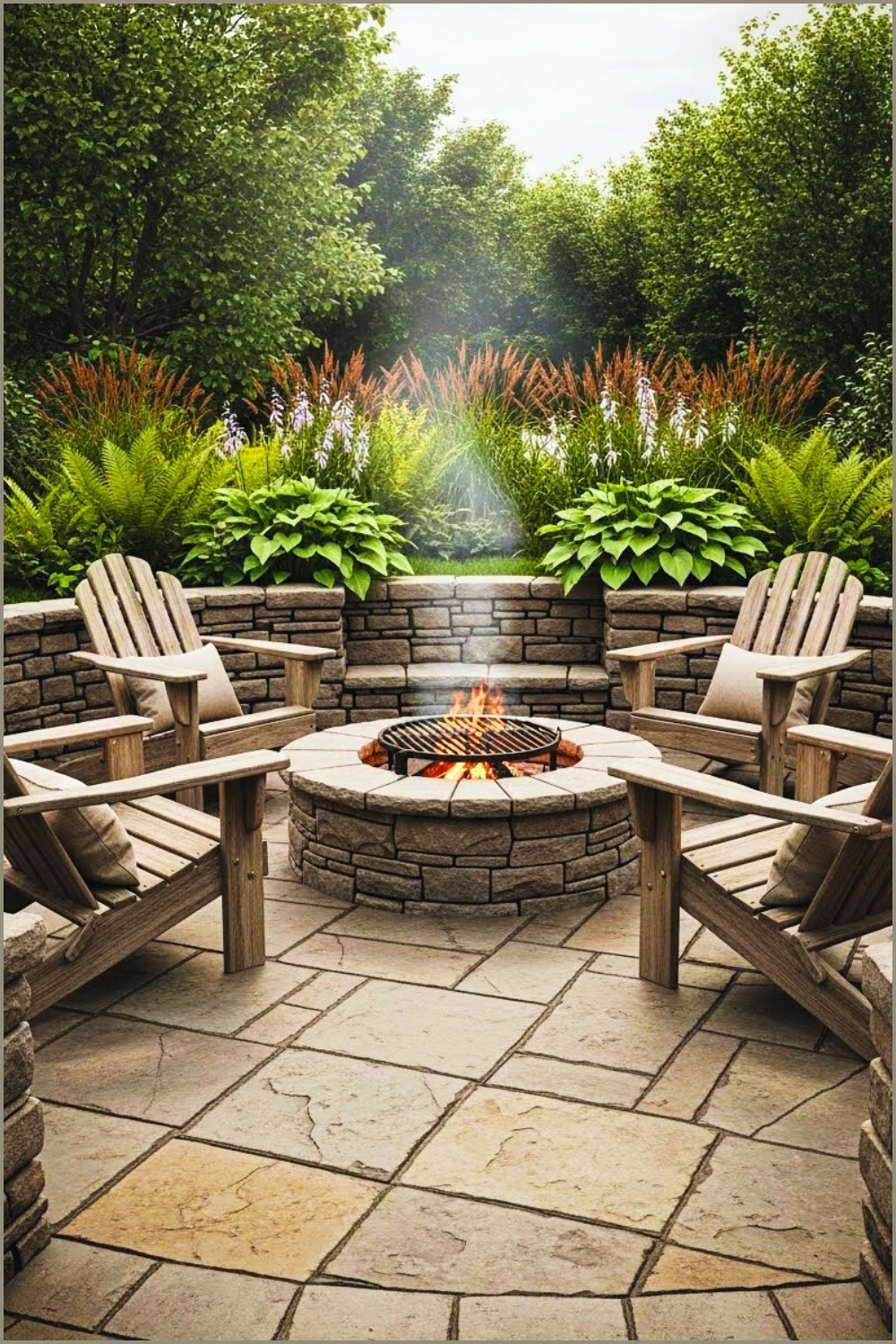 Modern Rustic Outdoor Patio Round Stone Firepit With Grill Grate