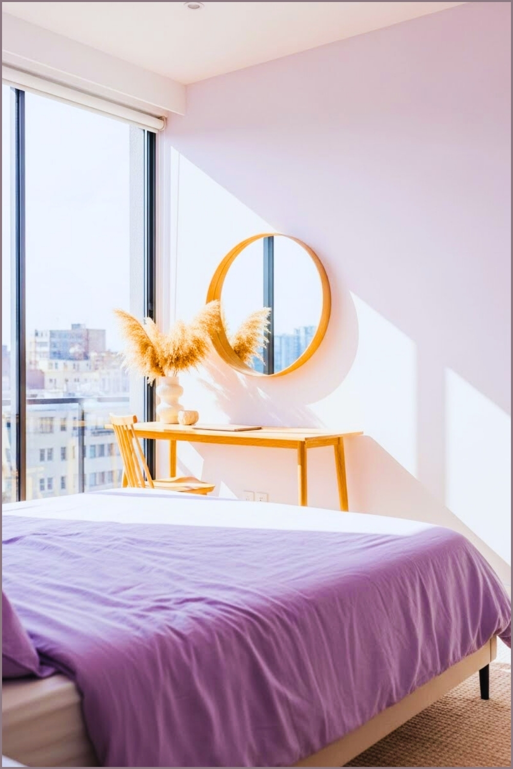 Modern Soft Pastel Bedroom Lavender Duvet Wooden Minimal Desk