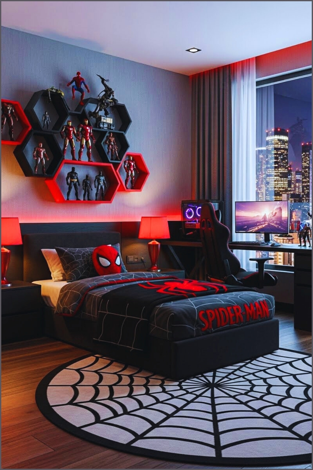 Modern Superhero Themed Kids Bedroom In Dark Tones