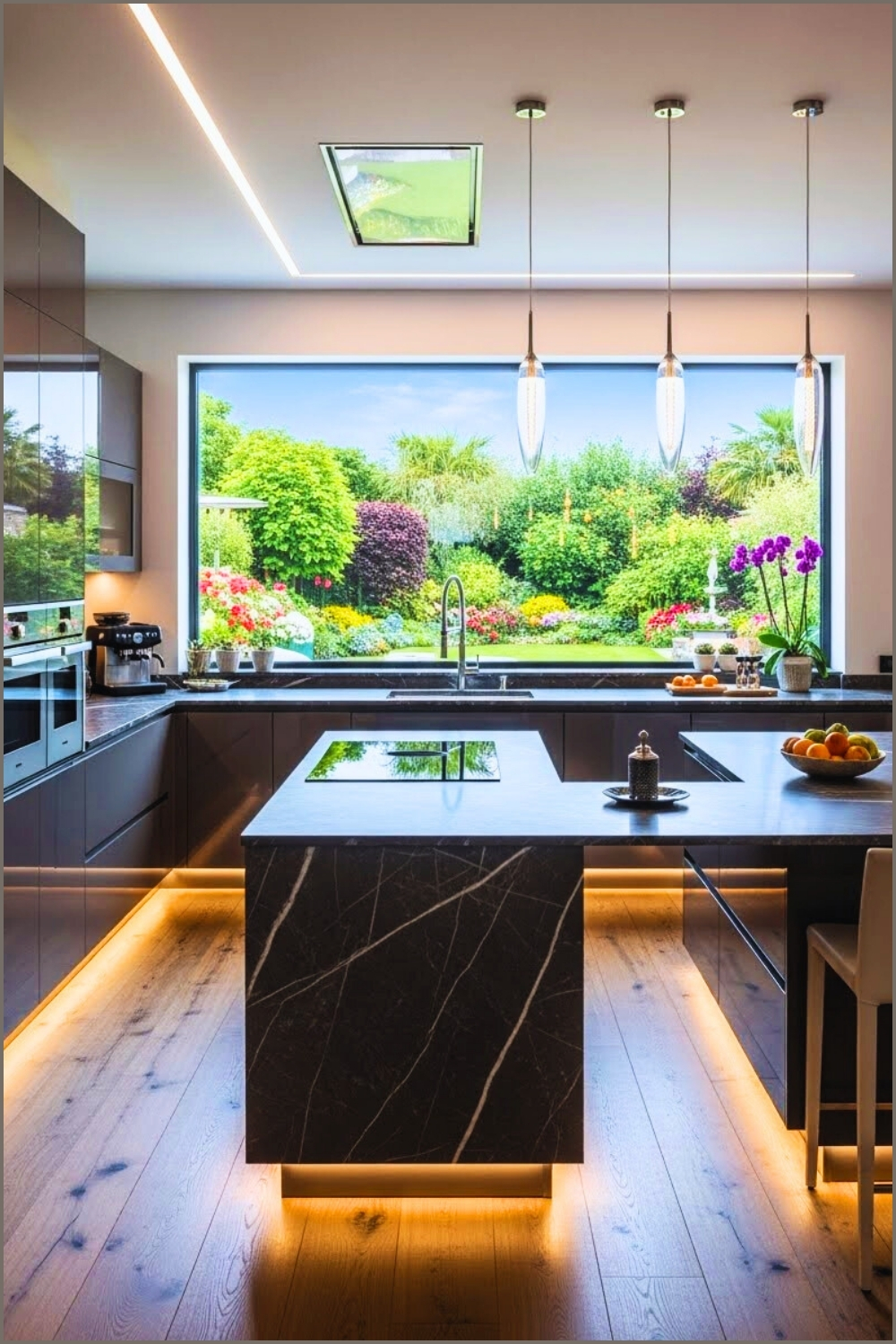 Modern U-shaped Kitchen, Glossy Cabinetry Large Window