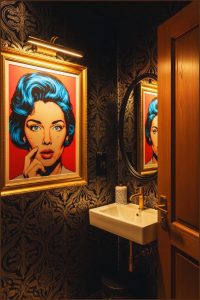 Moody Artistic Powder Room Featuring Dramatic Pop Art Wall