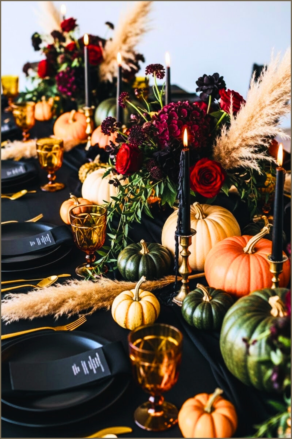 Moody Autumn Tablescape With Black Plates And Amber Glassware