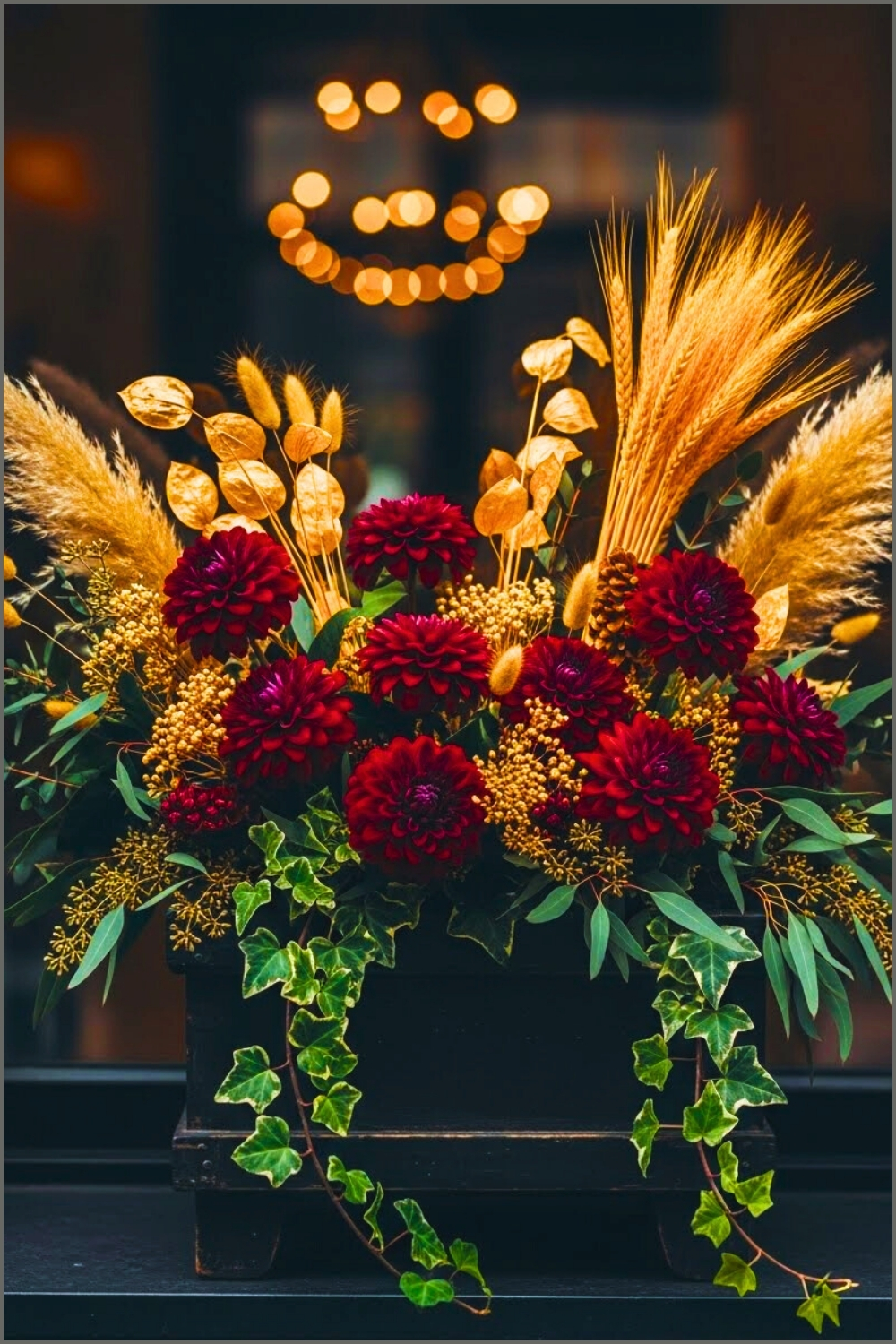 Moody Black Window Planter Filled With Dark Burgundy Dahlias
