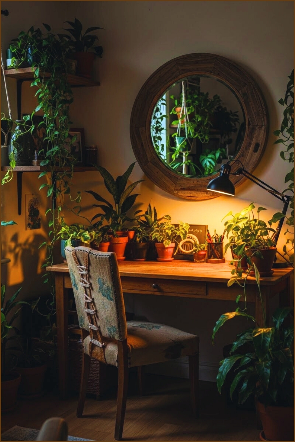 Moody Boho Home Office Filled With Lush Green Plants