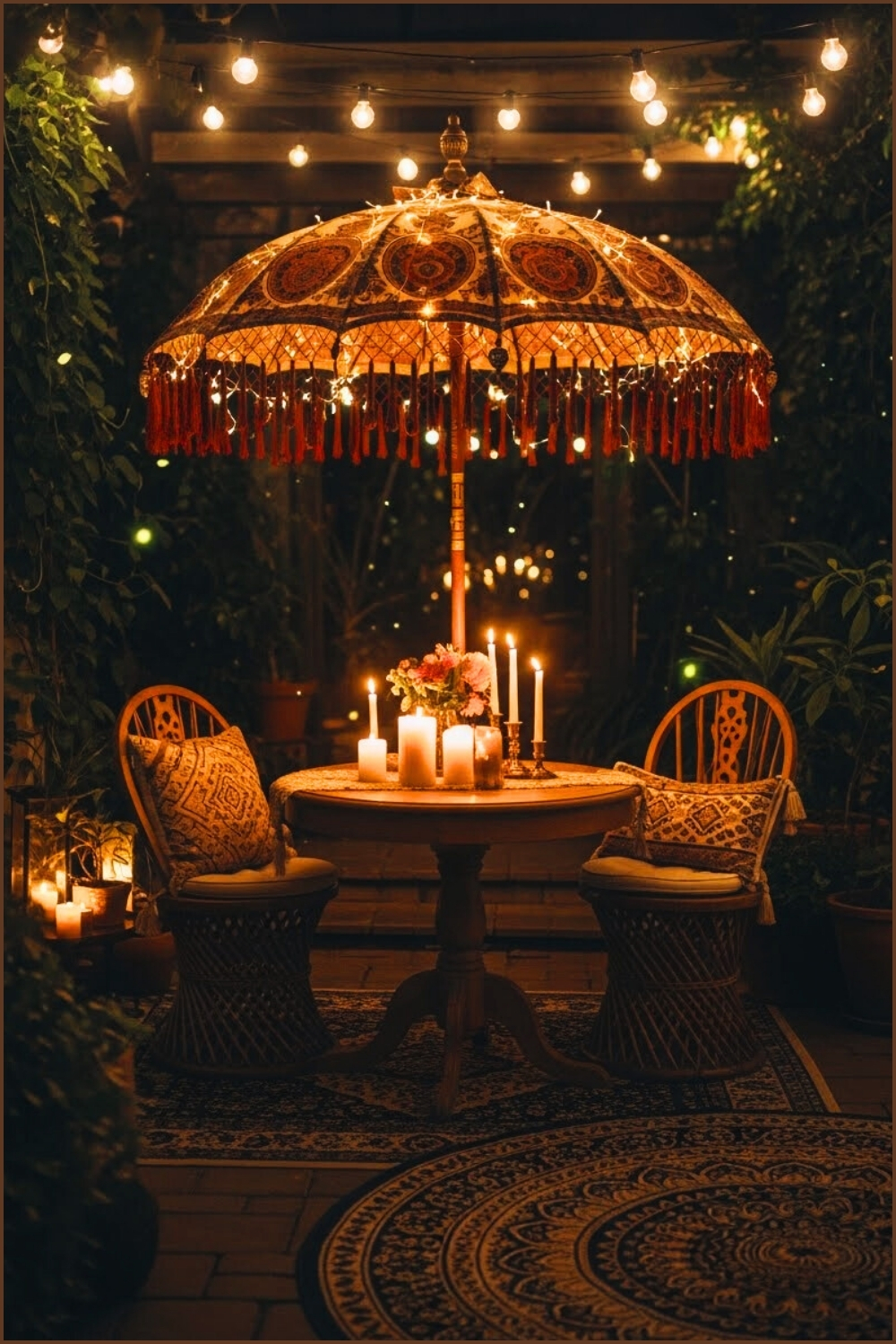 Moody Boho Patio At Night, Patterned Parasol With Warm String