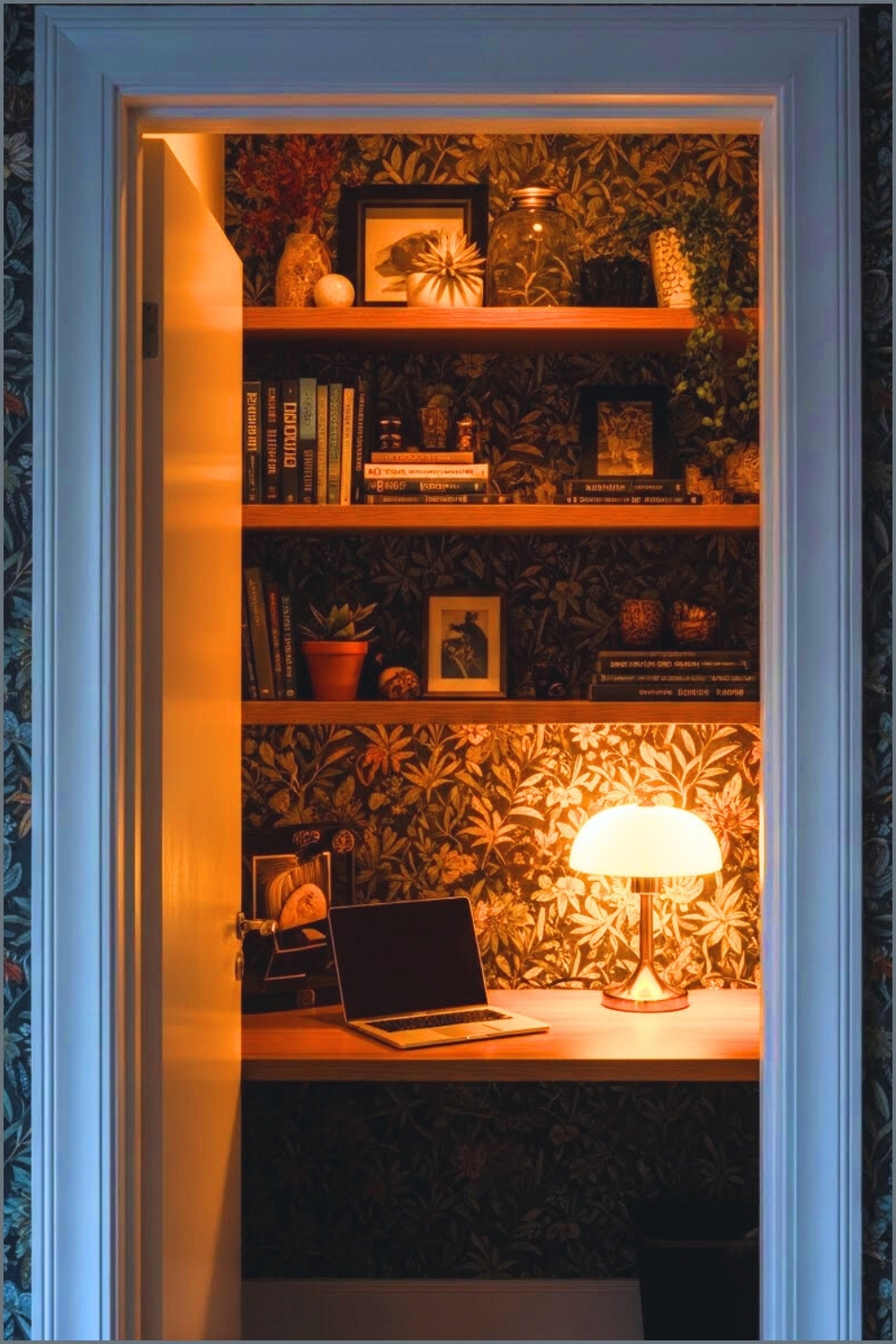 Moody Botanical Home Office Nook, Dark Floral Wallpaper