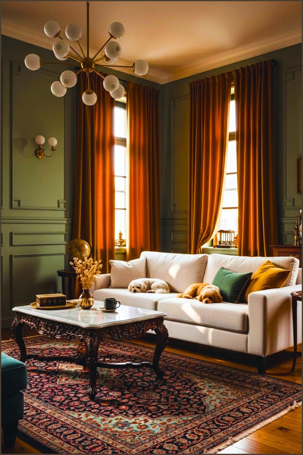 Moody Classic Living Room Interior Sage Green Wall Panels