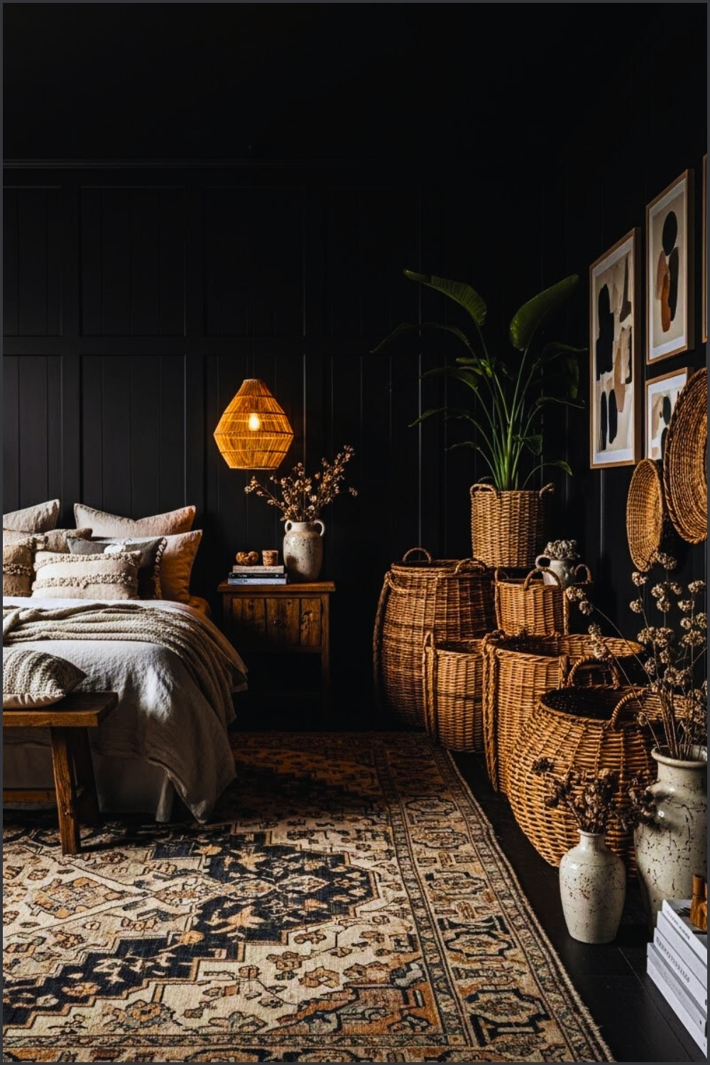 Moody Dark Boho Bedroom Interior Large Woven Wicker