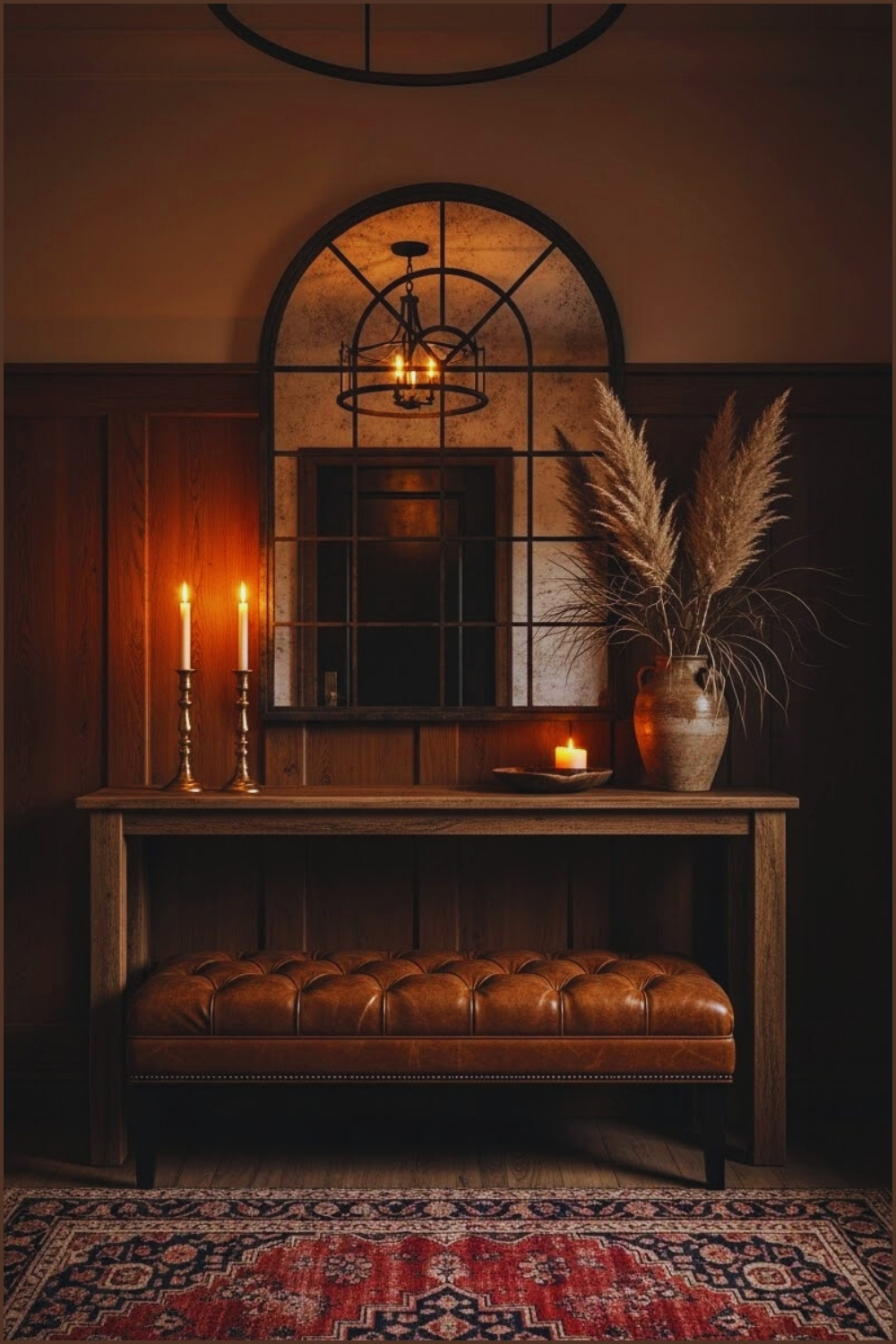 Moody Farmhouse Entryway With Dark Wood Paneling