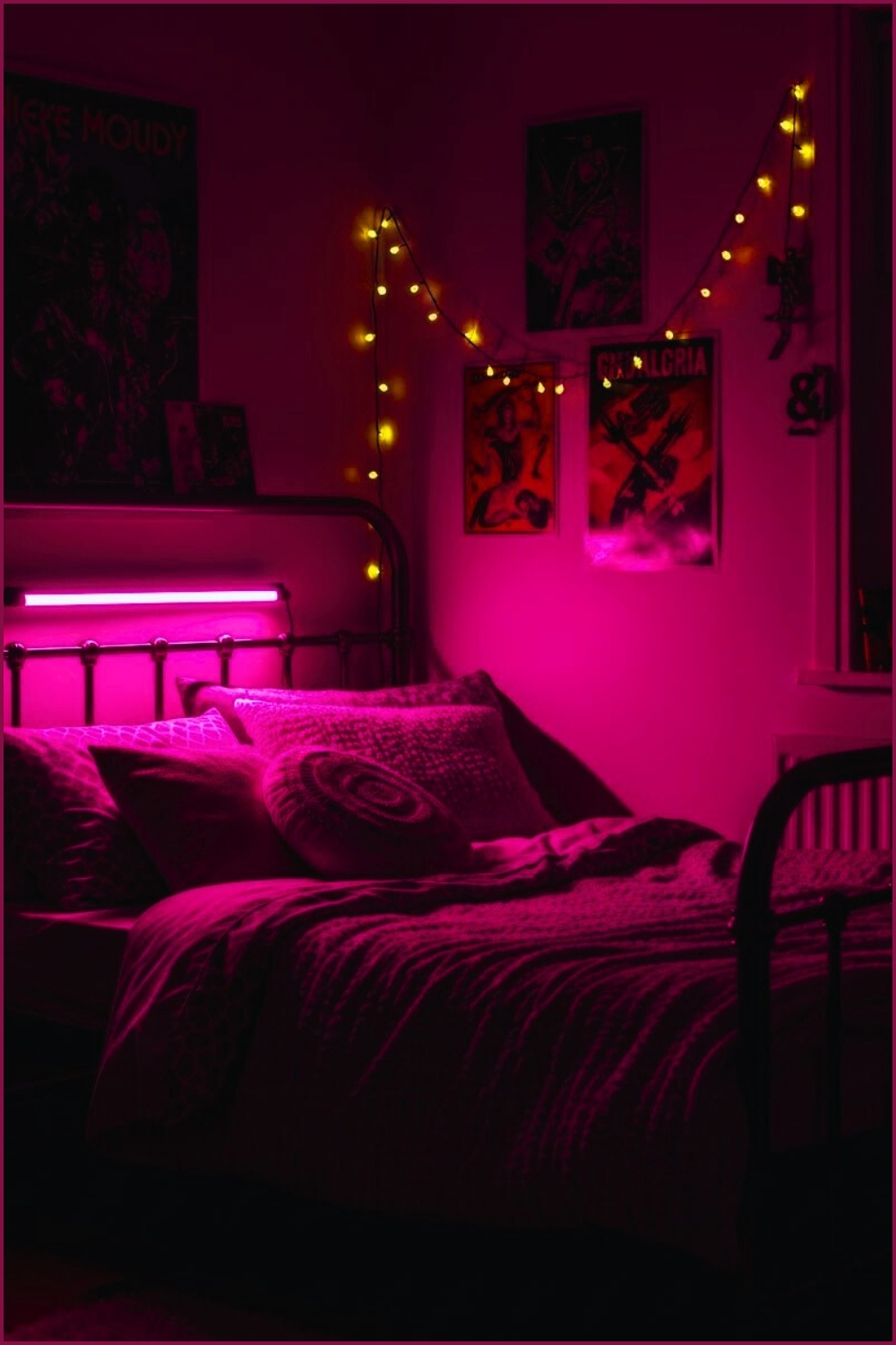 Moody Neon Bedroom Vibrant Pink Lighting Retro Posters On Wall