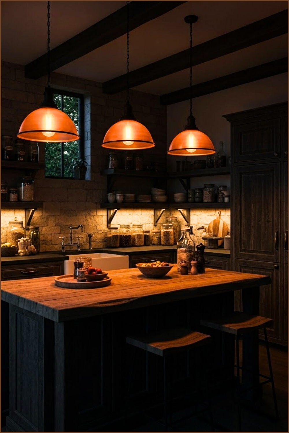 Moody Rustic Farmhouse Kitchen Dark Wood Cabinets