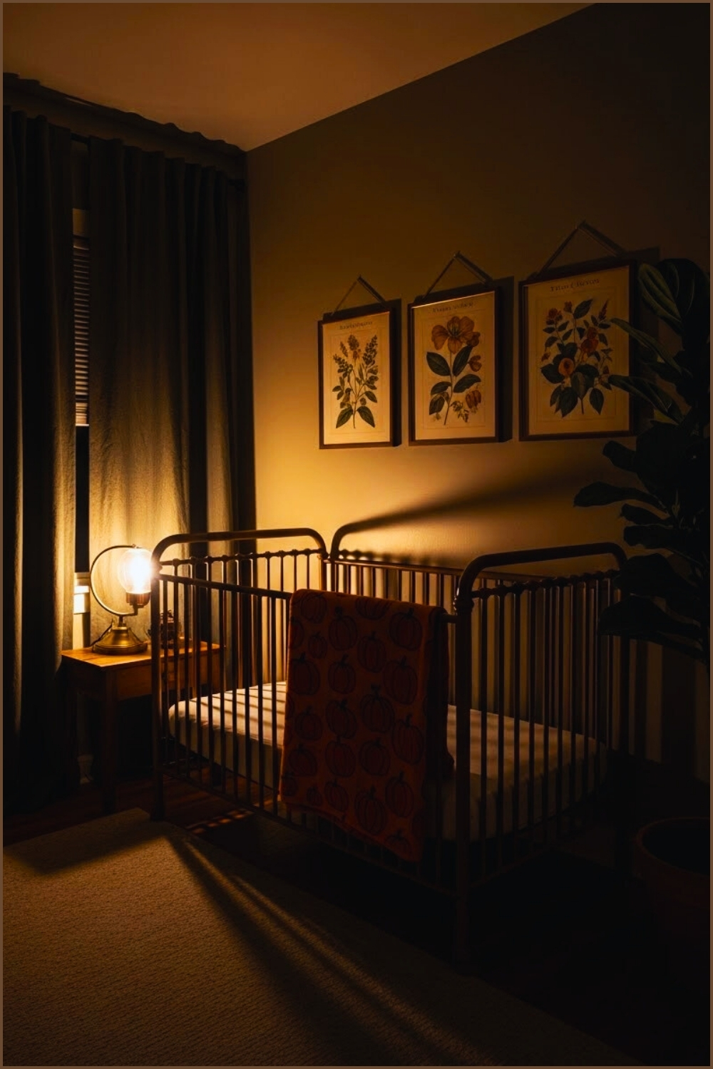 Moody Warm Nursery, Dark Green Curtains, Brown Metal Crib