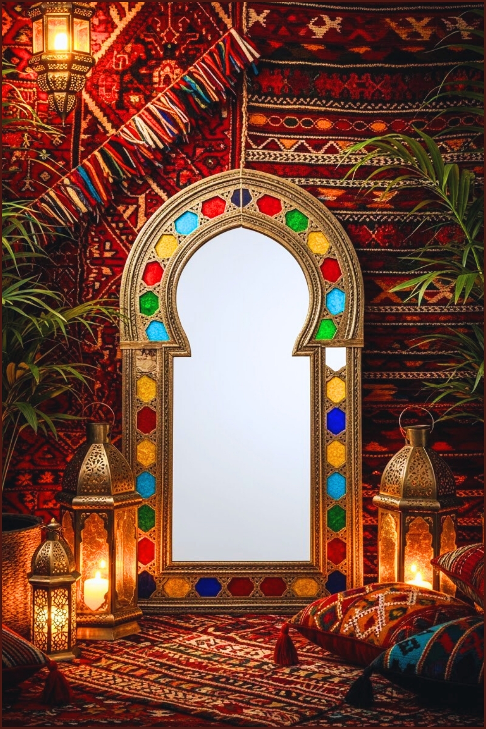 Moroccan Inspired Floor Mirror With An Ornate Arched Frame