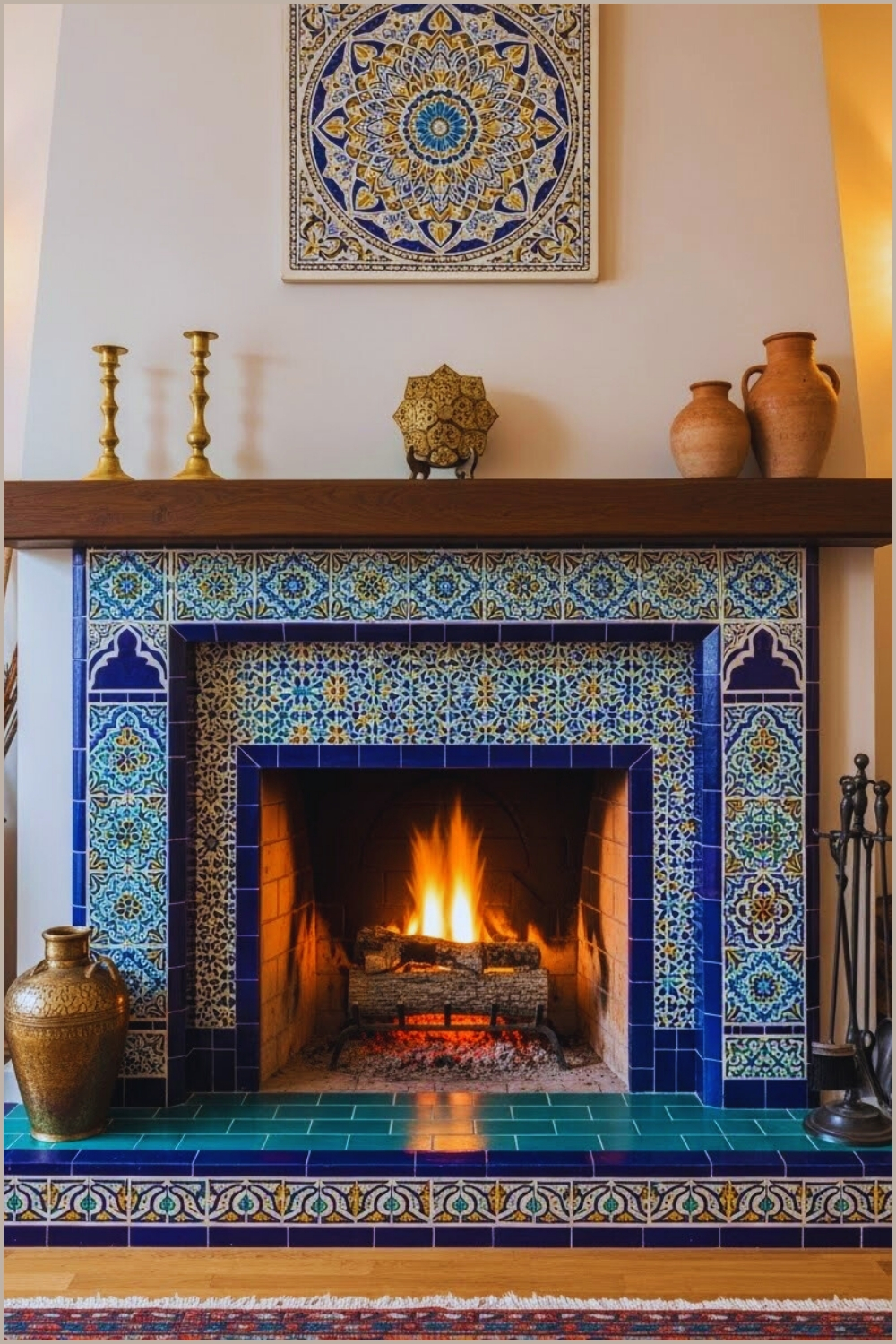 Moroccan Inspired Living Room Fireplace With Vibrant