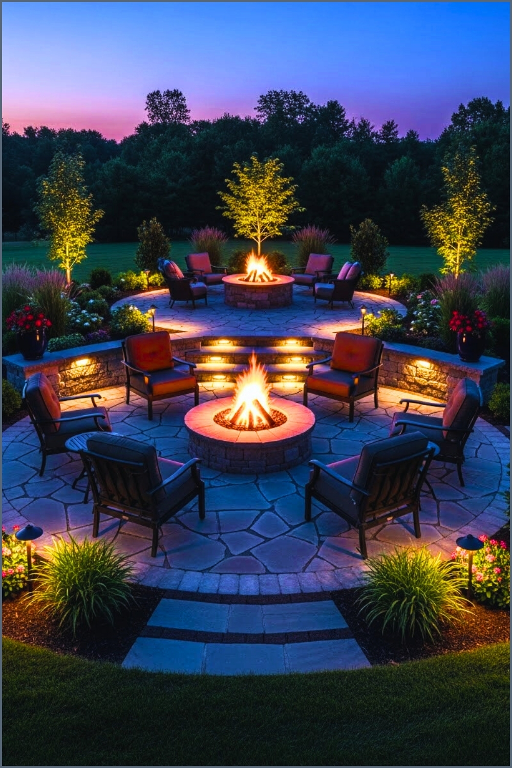 Multi Level Circular Stone Patio Centered Firepit