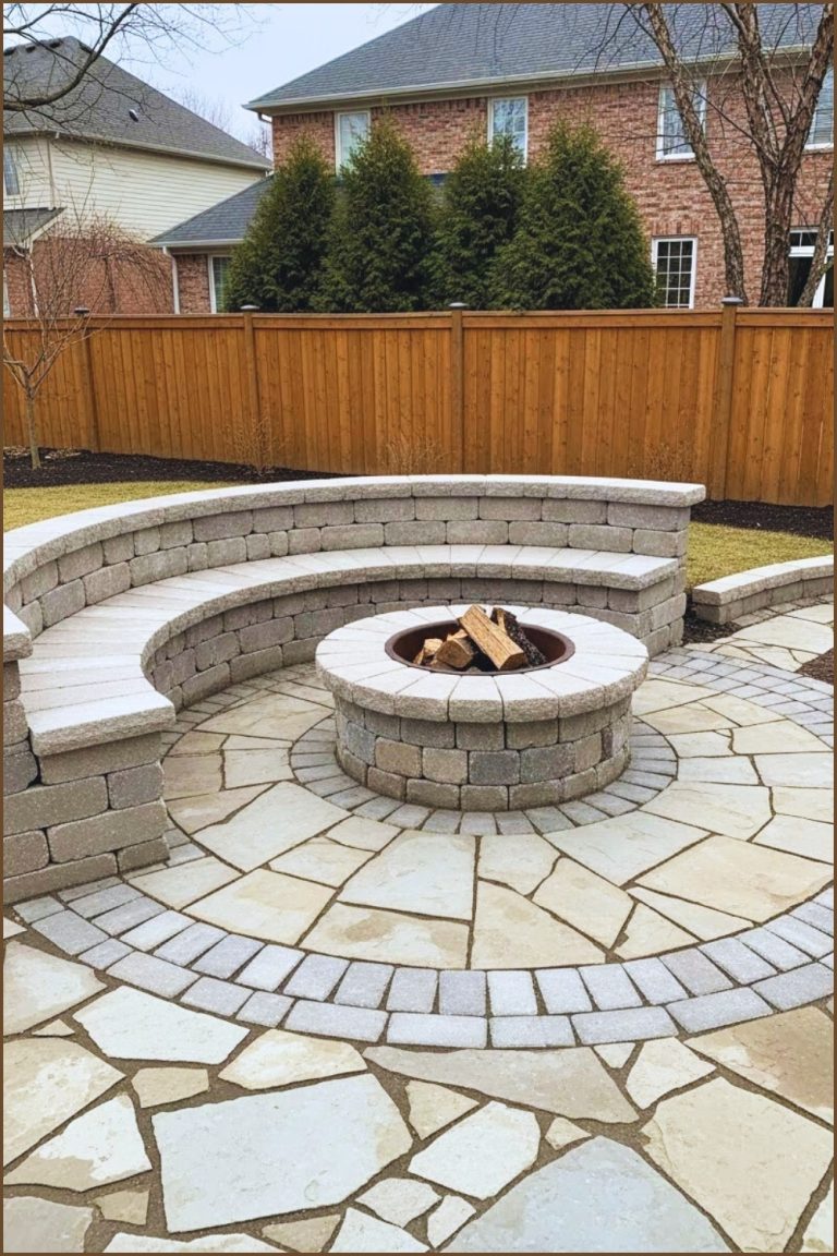 Multi Level Stone Fire Pit With Circular Design Curved Built In Ston