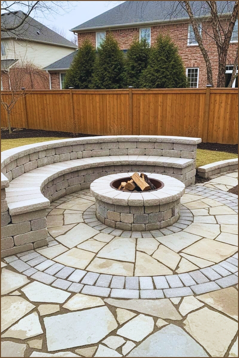 Multi Level Stone Fire Pit With Circular Design Curved Built In Ston