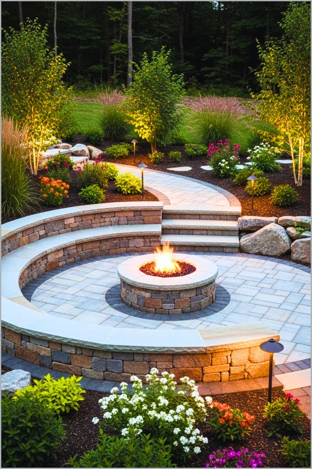 Multi Tier Circular Stone Patio With Built In Stone Seating