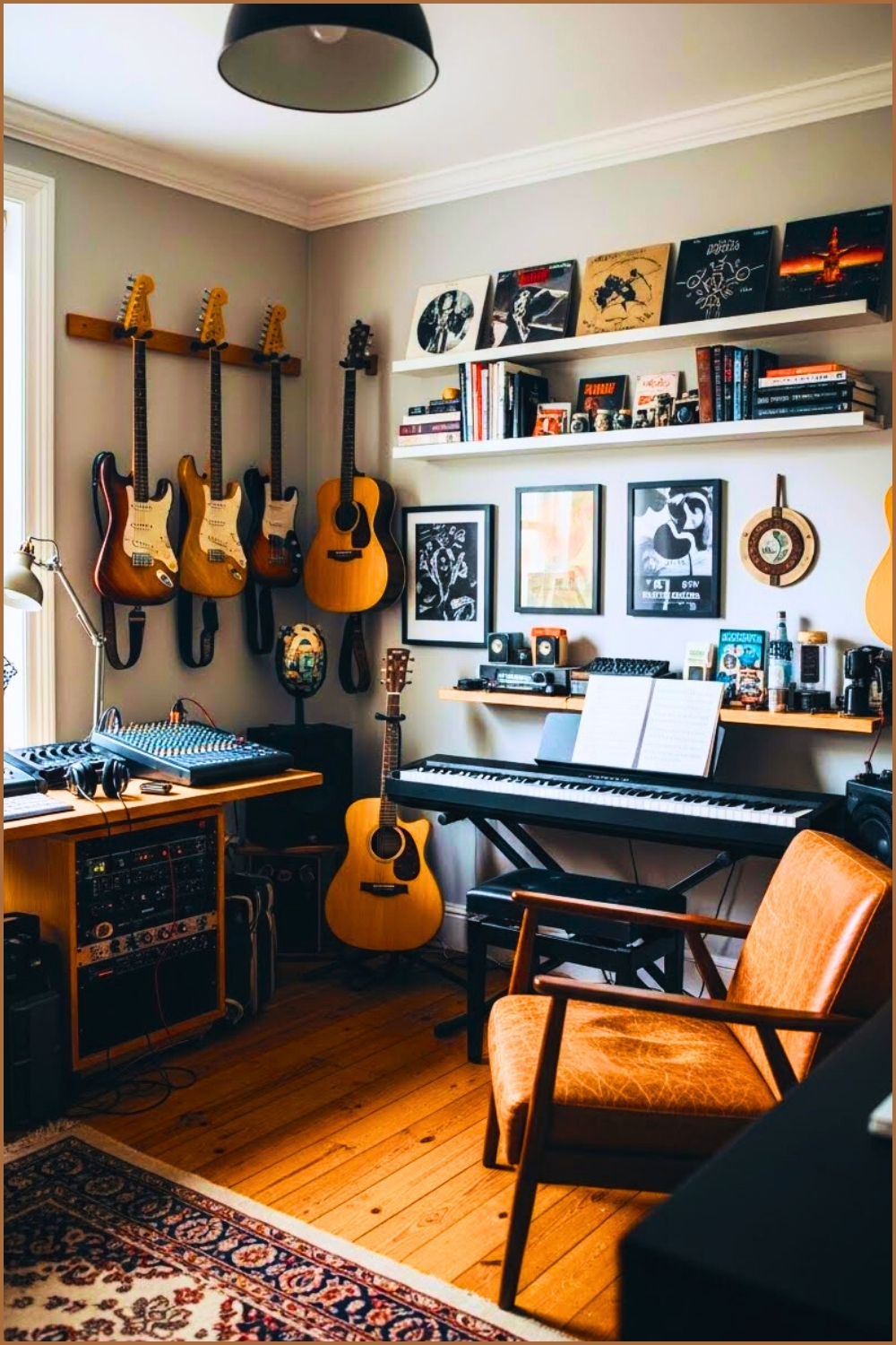 Music Room Interior, Multiple Guitars Mounted On Grey Wall