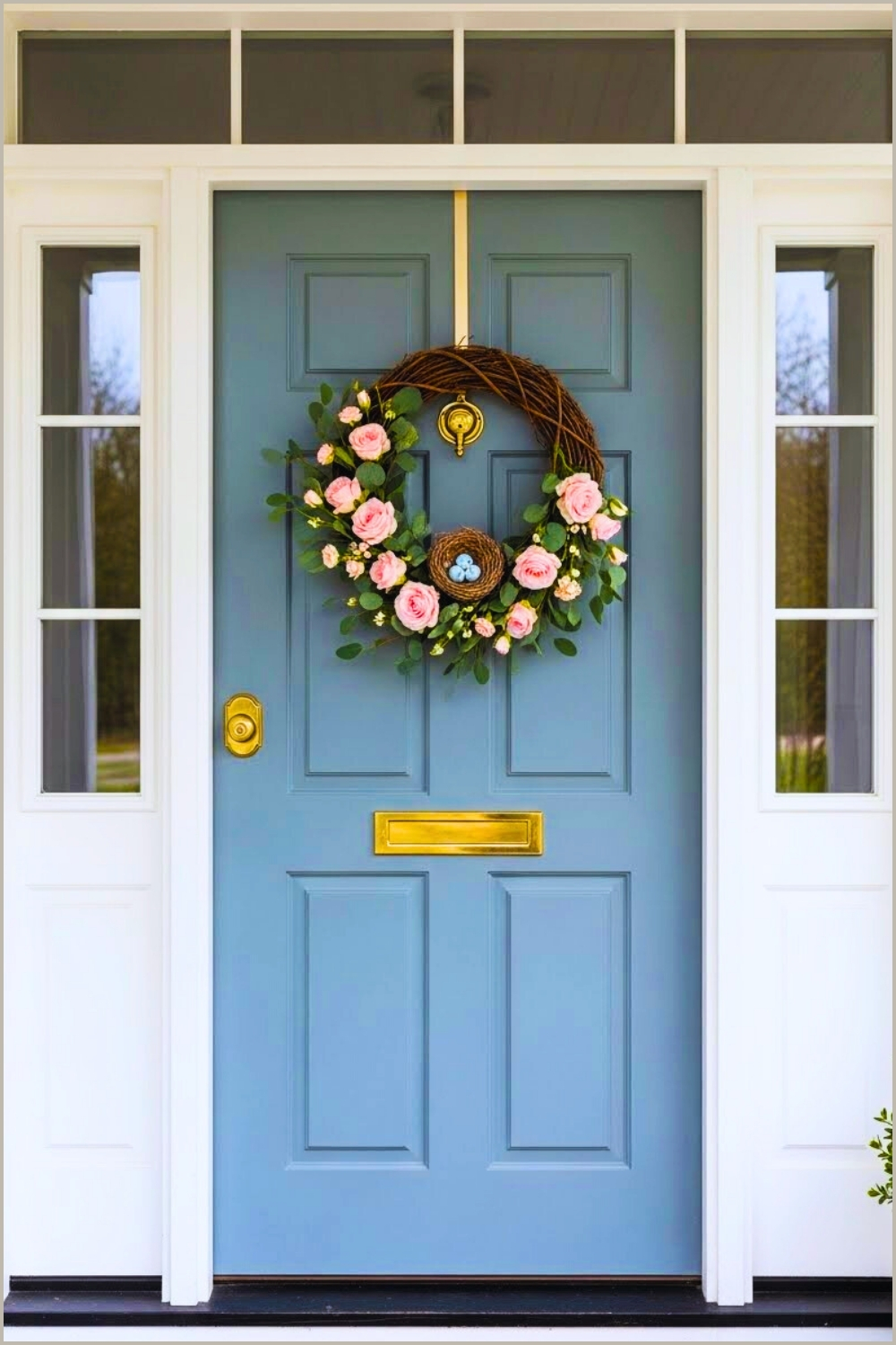 Muted Grey-blue Front Door With Delicate Spring Wreath