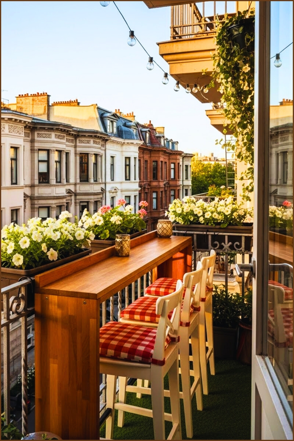 Narrow Balcony With Tall Wooden Bar Counter Attached