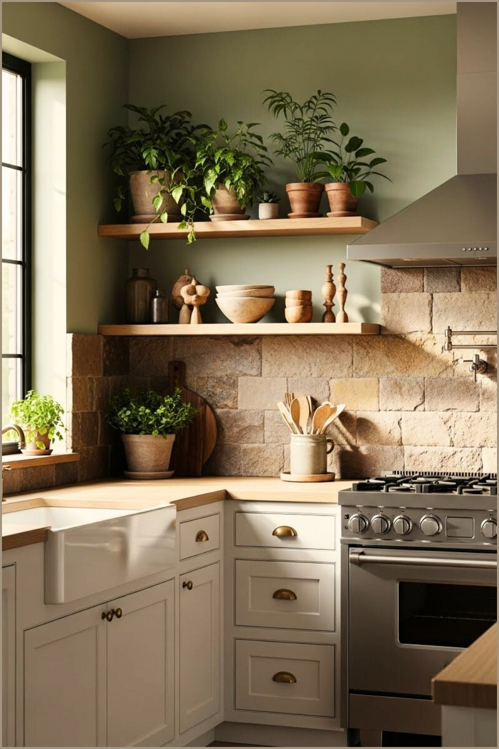 Natural Contemporary Kitchen, Sage Green Walls