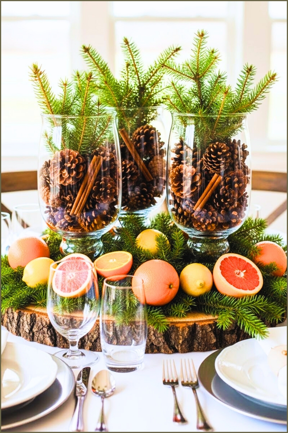 Natural Holiday Tablescape Centerpiece, Tall Glass Hurricane