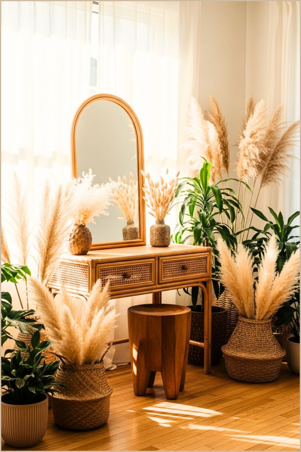 Natural Rattan Vanity With Tall Boho Mirror Pampas Grass Arrangements