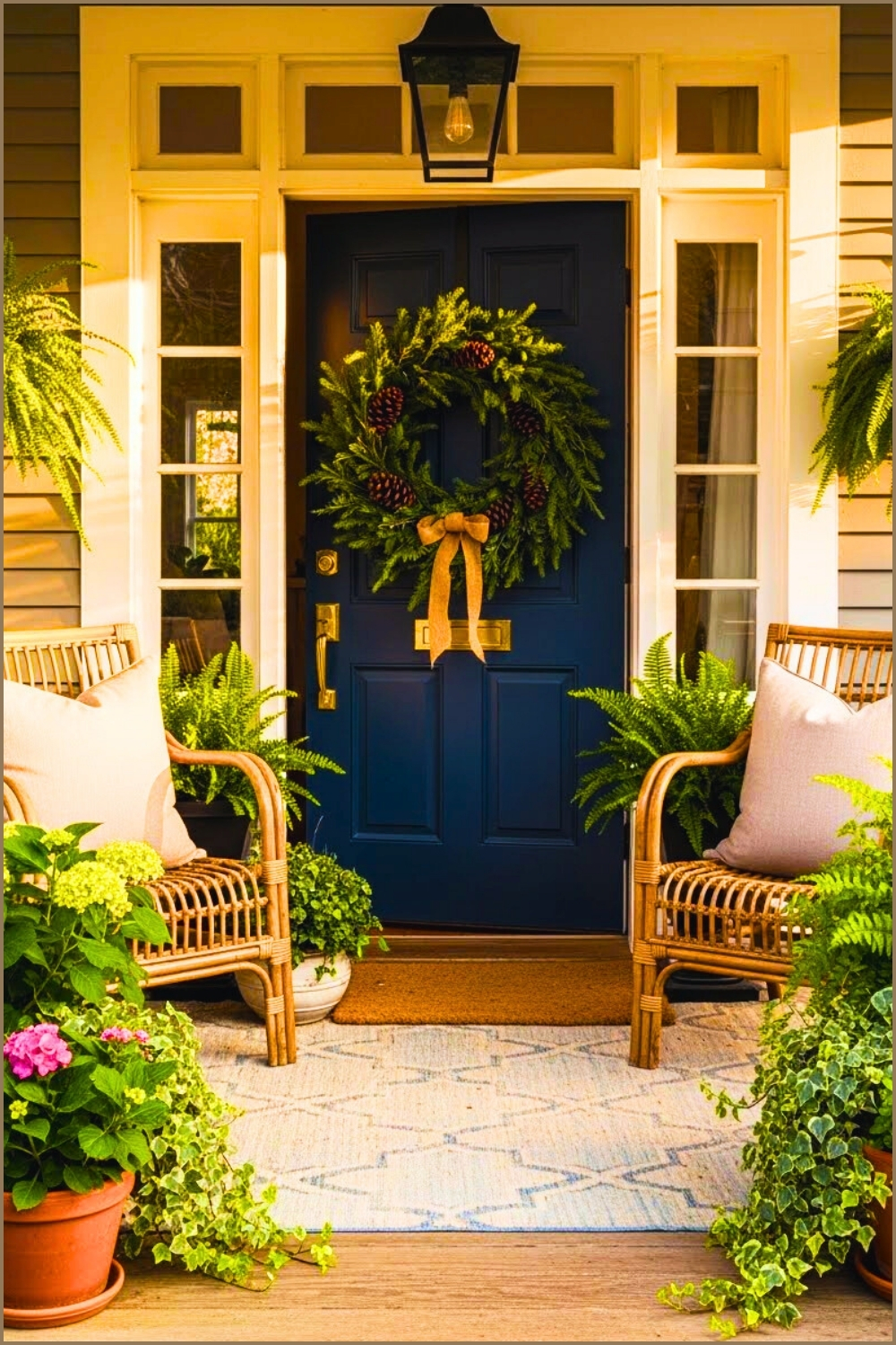 Navy Blue Front Door With Evergreen Wreath Classic Cottage Porch