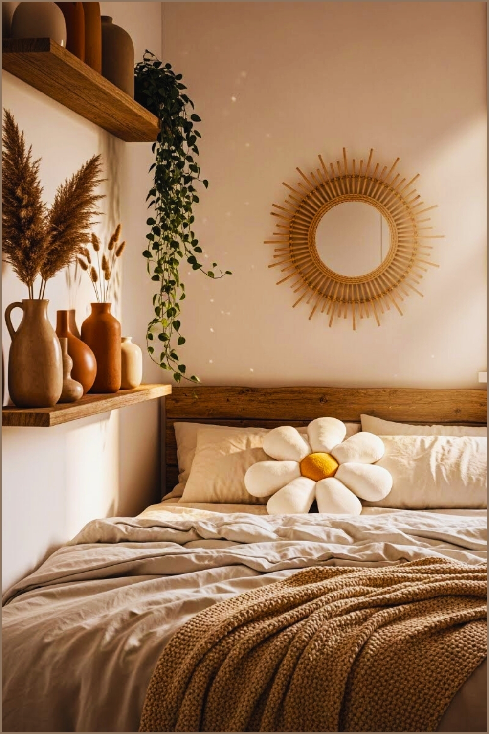 Neutral Beige Boho Bedroom With Daisy Flower Cushion