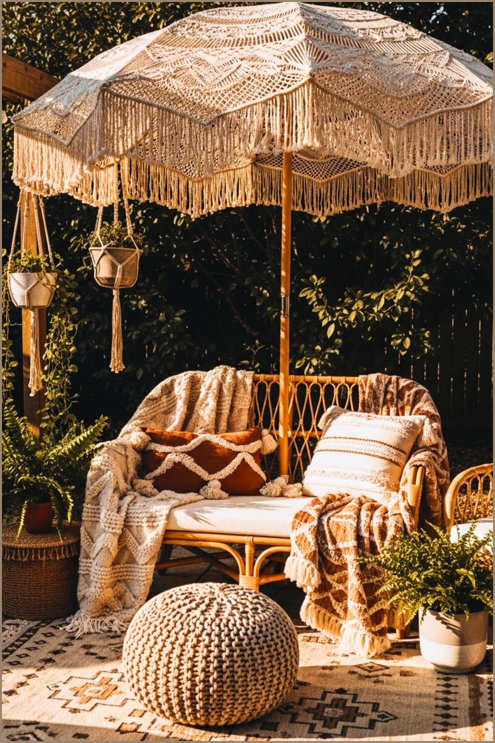 Neutral Bohemian Patio With Handmade Macrame Umbrella