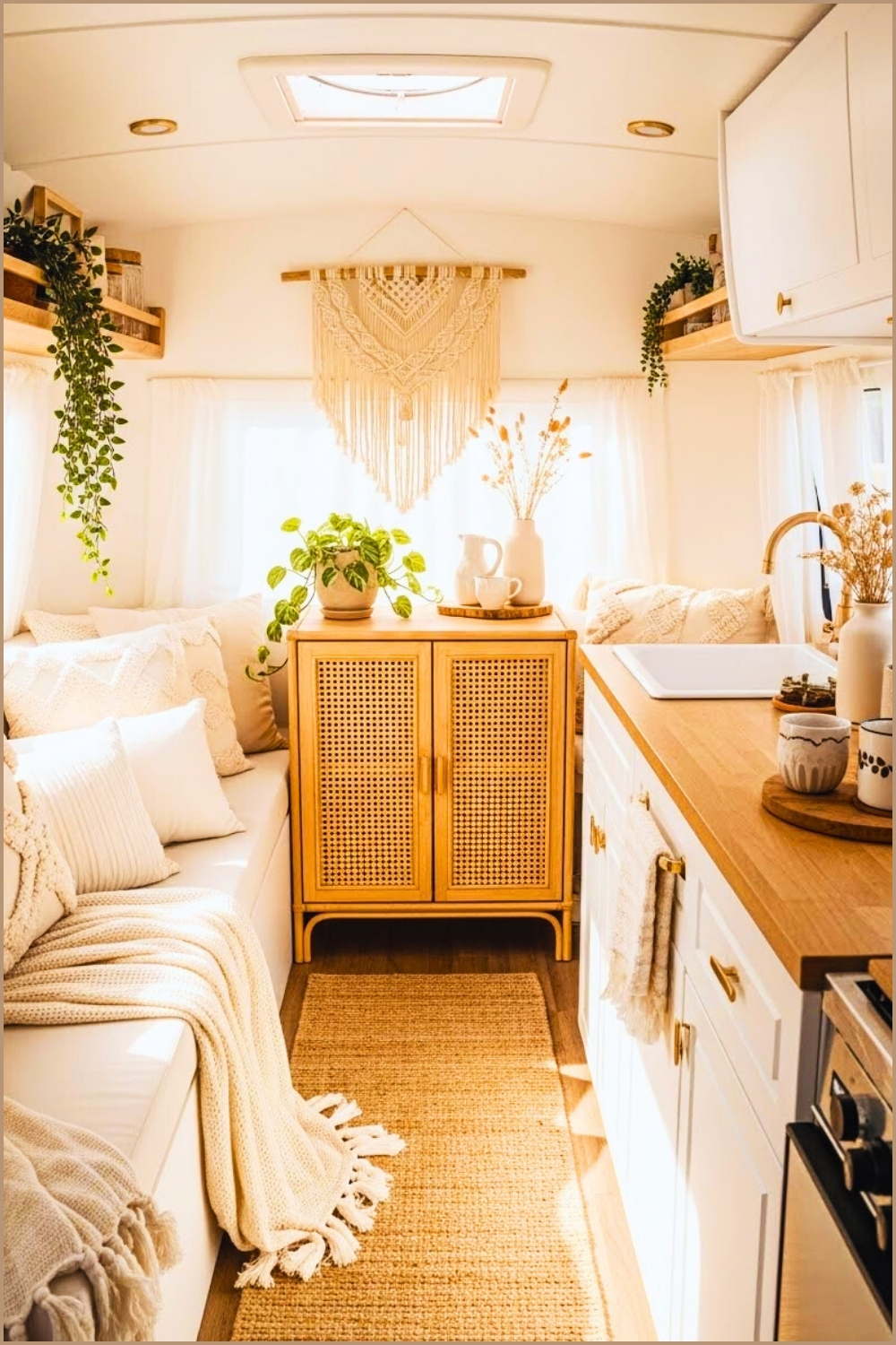 Neutral Boho Camper Interior Cream Tones Rattan Cabinet Detail