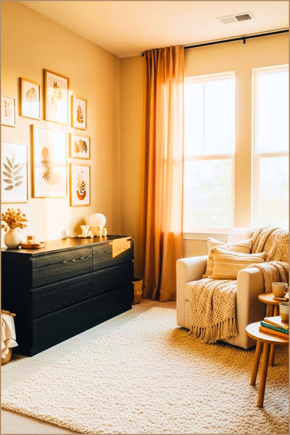 Neutral Boho Nursery Warm Beige Walls Large Windows With Peach Curtains