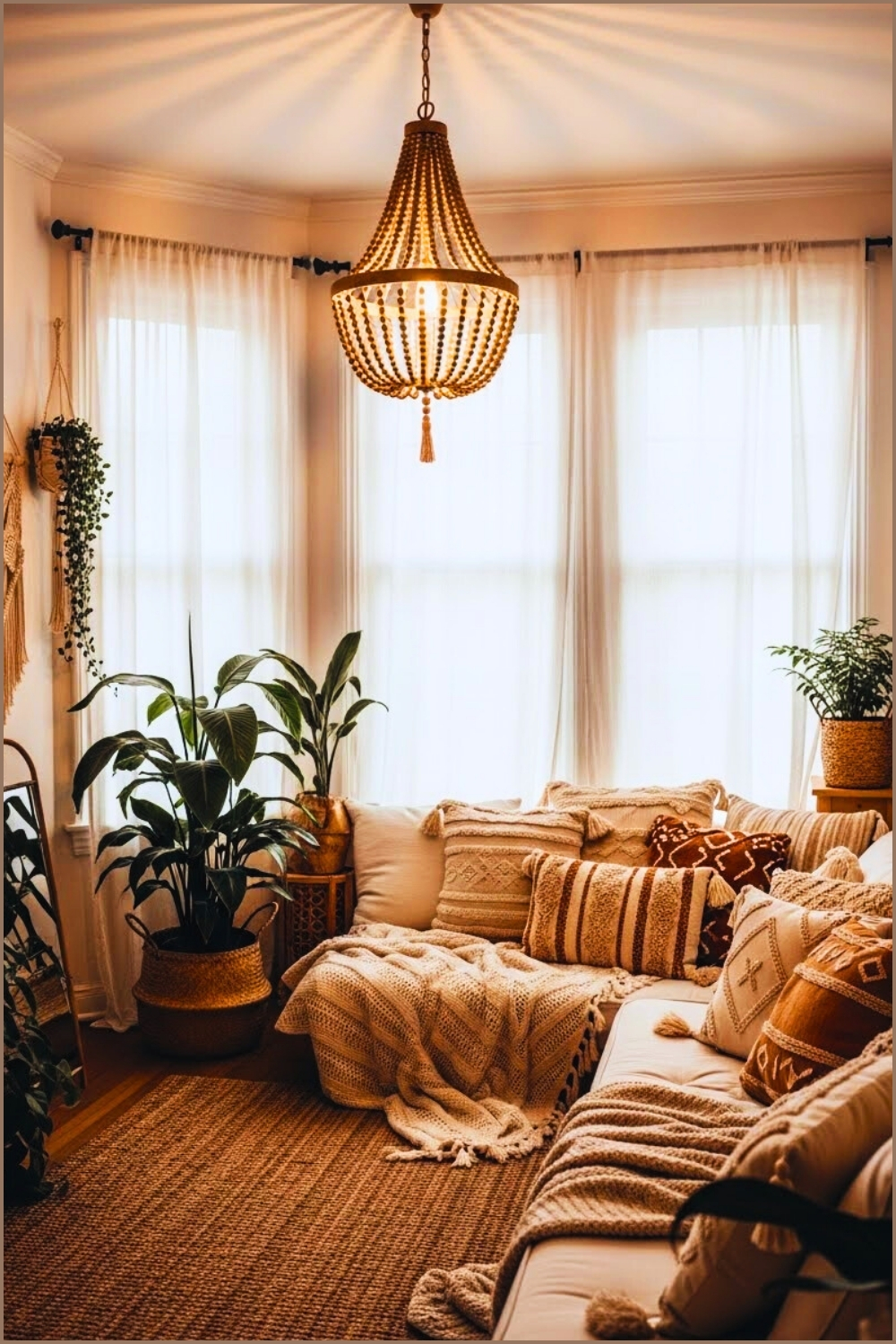 Neutral Boho Room With Wooden Beaded Chandelier