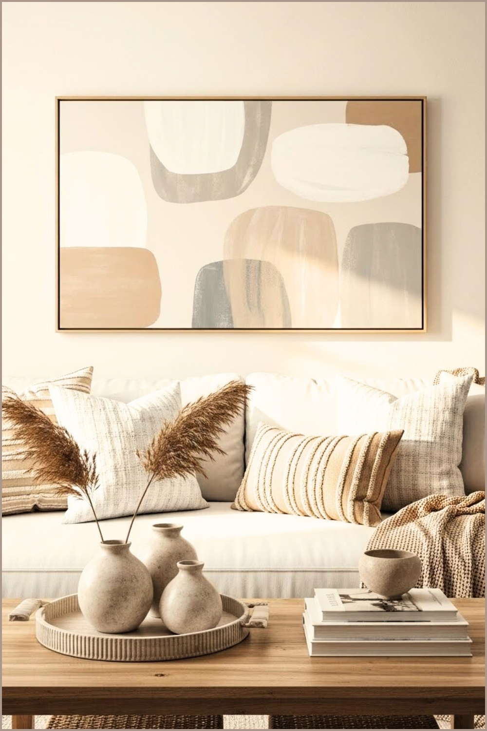 Neutral Boho Sitting Room, Soft White Sofa With Textured Pillows