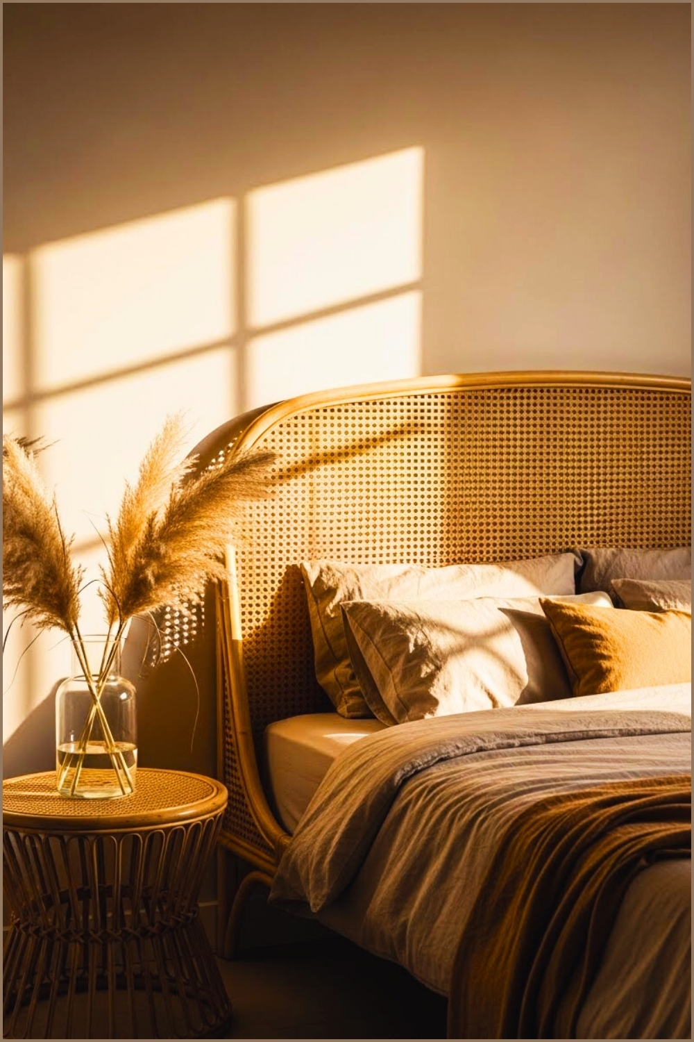 Neutral Minimal Bedroom, Curved Rattan Headboard