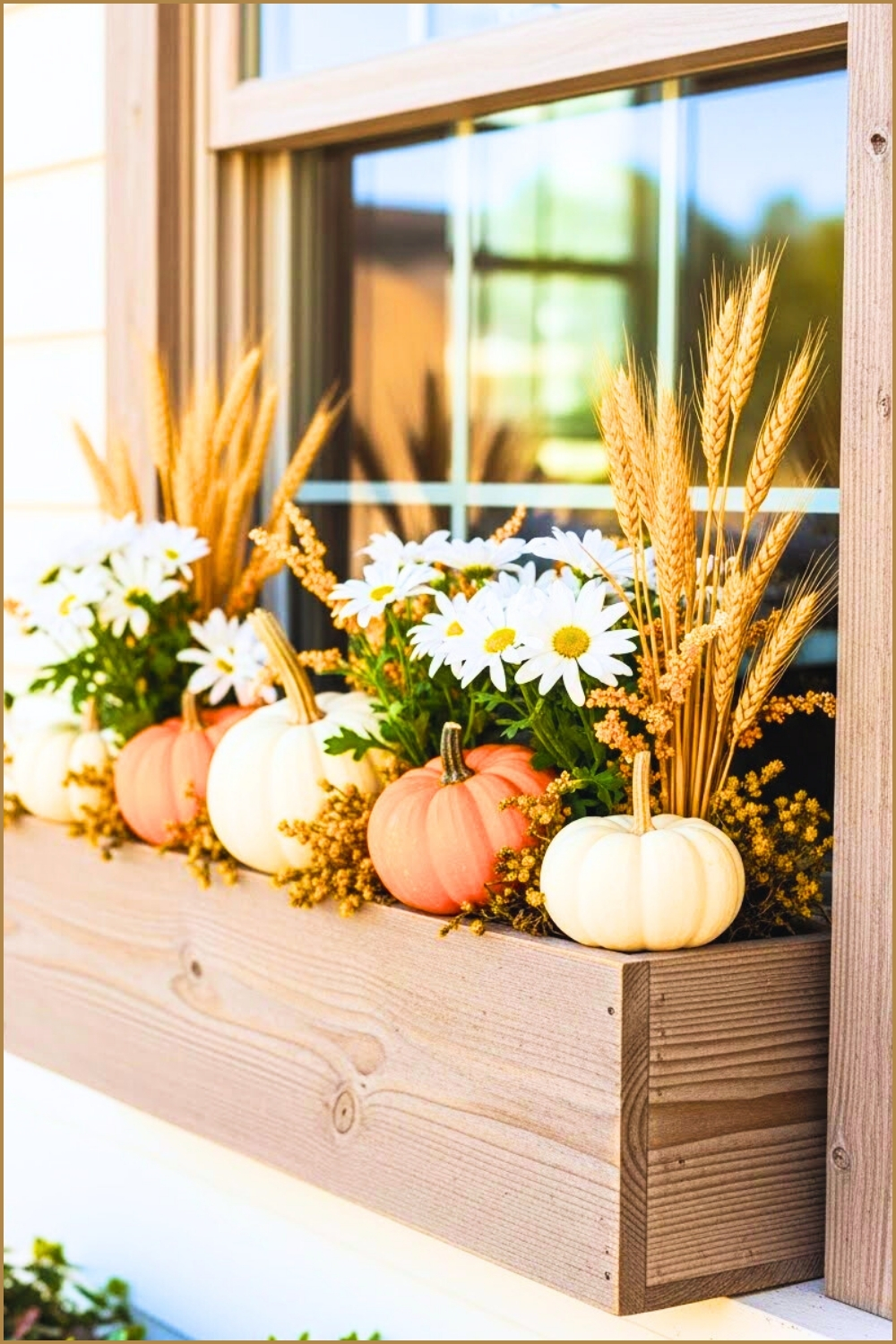 Neutral Wood Window Planter Filled With Mini Pumpkins