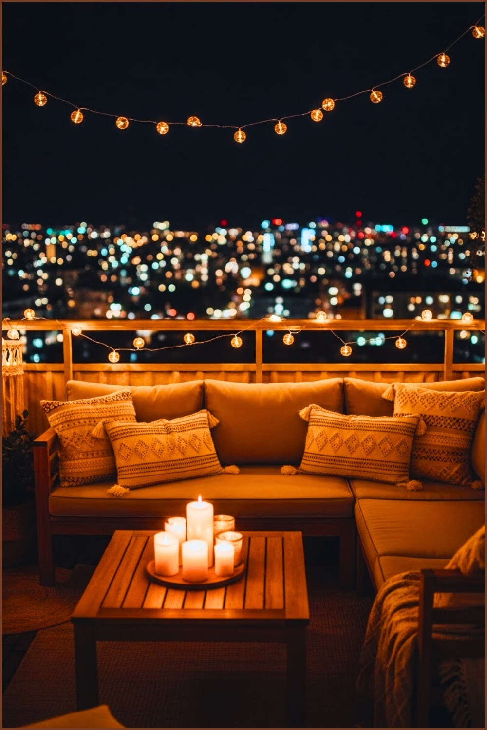 Night Balcony With Glowing String Lights, Outdoor L-shaped Sofa