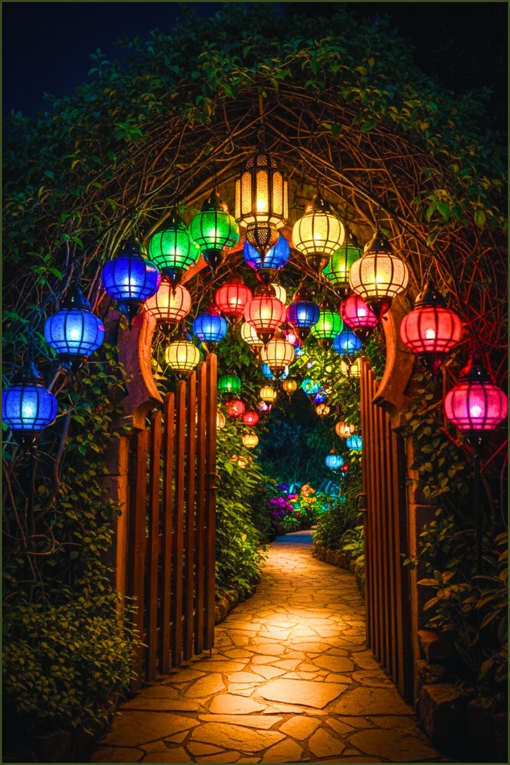 Night Garden Entrance With Wooden Gate, Vibrant Moroccan Lanterns